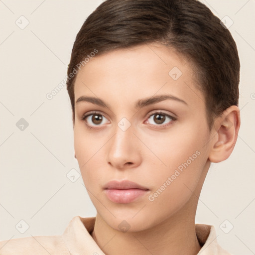 Neutral white young-adult female with short  brown hair and brown eyes