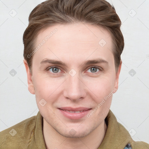 Joyful white young-adult female with short  brown hair and grey eyes