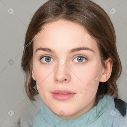 Neutral white young-adult female with medium  brown hair and green eyes