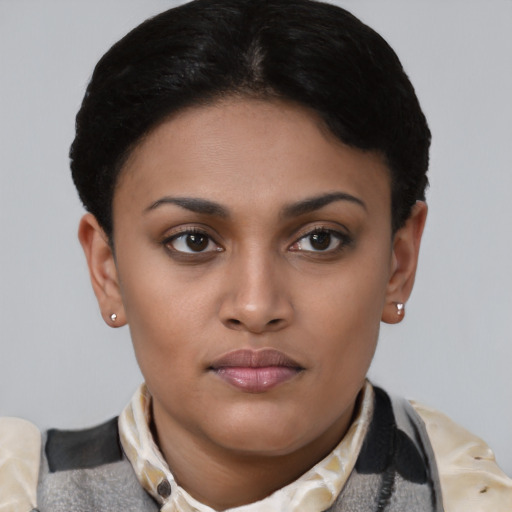 Neutral latino young-adult female with short  brown hair and brown eyes