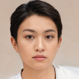 Neutral asian young-adult female with short  black hair and brown eyes