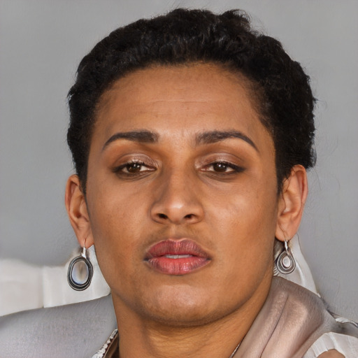 Neutral latino young-adult female with short  brown hair and brown eyes