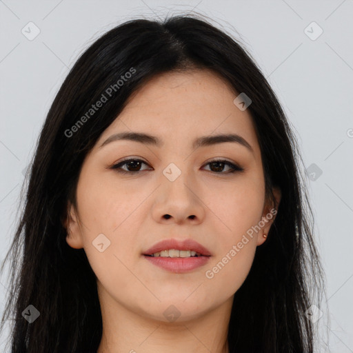 Joyful asian young-adult female with long  brown hair and brown eyes