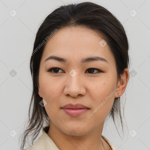 Joyful asian young-adult female with medium  brown hair and brown eyes