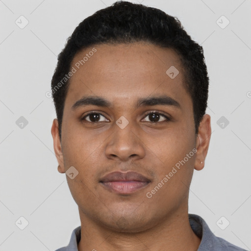 Neutral black young-adult male with short  black hair and brown eyes