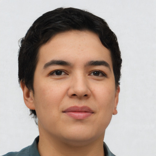 Neutral asian young-adult male with short  brown hair and brown eyes