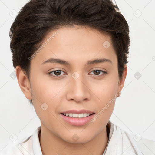 Joyful white young-adult female with short  brown hair and brown eyes