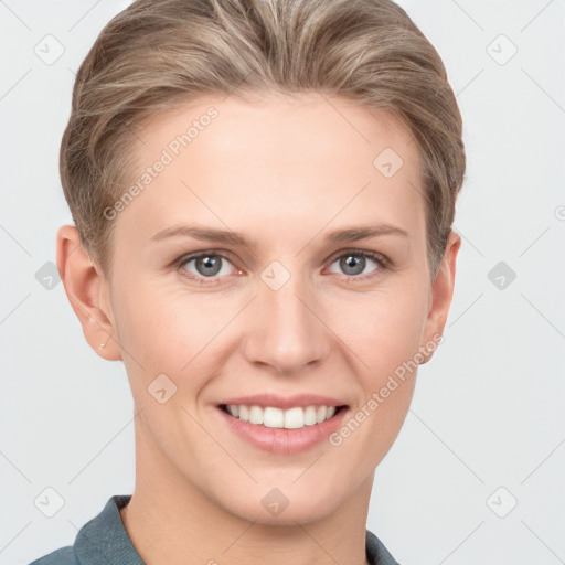 Joyful white young-adult female with short  brown hair and grey eyes