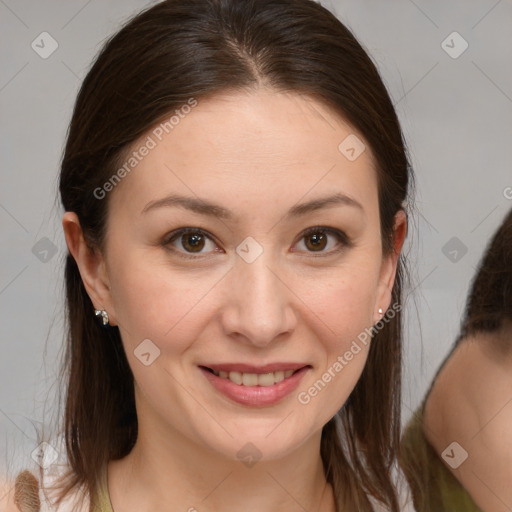 Joyful white young-adult female with medium  brown hair and brown eyes