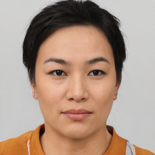 Neutral asian young-adult female with short  brown hair and brown eyes