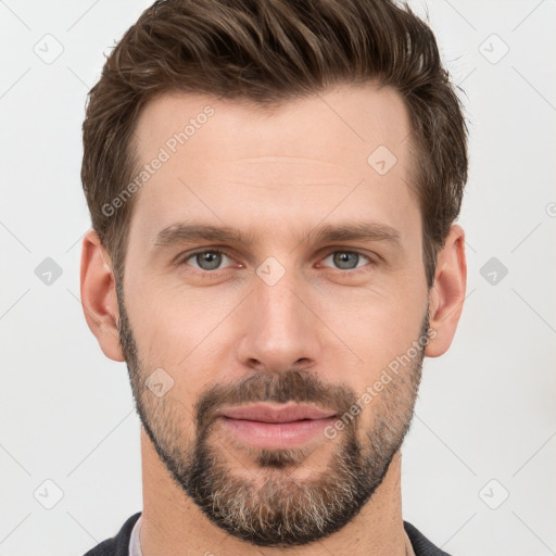 Neutral white young-adult male with short  brown hair and grey eyes