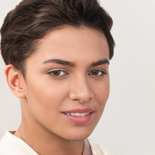 Joyful white young-adult female with short  brown hair and brown eyes