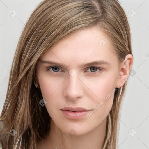 Neutral white young-adult female with long  brown hair and grey eyes