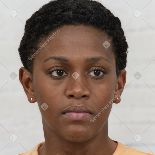 Neutral black young-adult female with short  brown hair and brown eyes