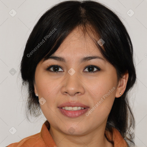 Joyful asian young-adult female with medium  brown hair and brown eyes