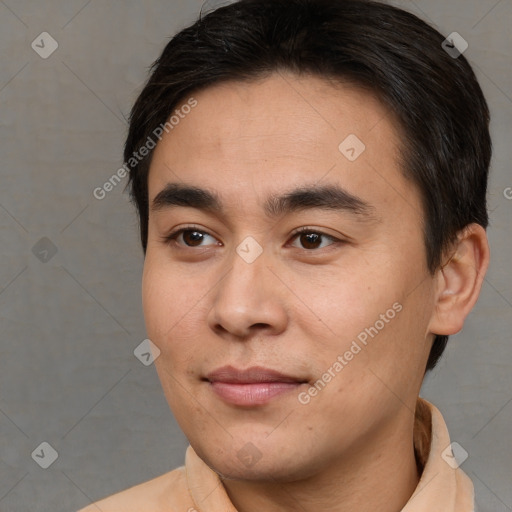 Joyful asian young-adult male with short  brown hair and brown eyes