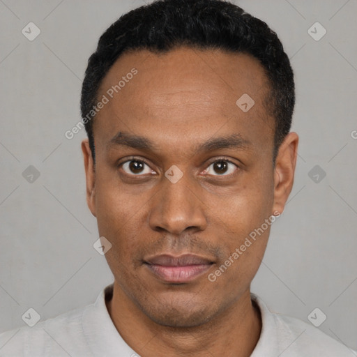 Neutral black young-adult male with short  black hair and brown eyes
