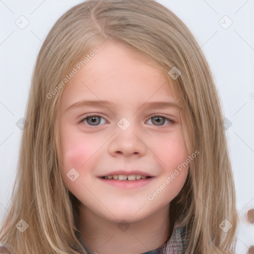 Joyful white child female with medium  brown hair and grey eyes