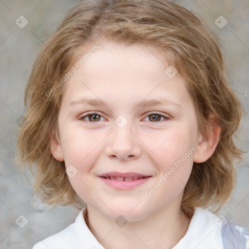 Joyful white child female with medium  brown hair and brown eyes