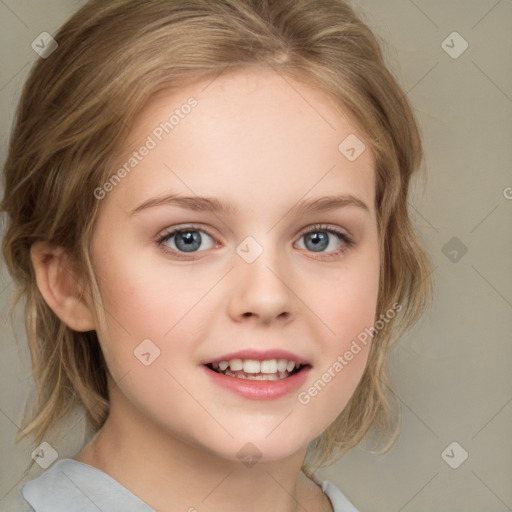 Joyful white child female with medium  brown hair and grey eyes