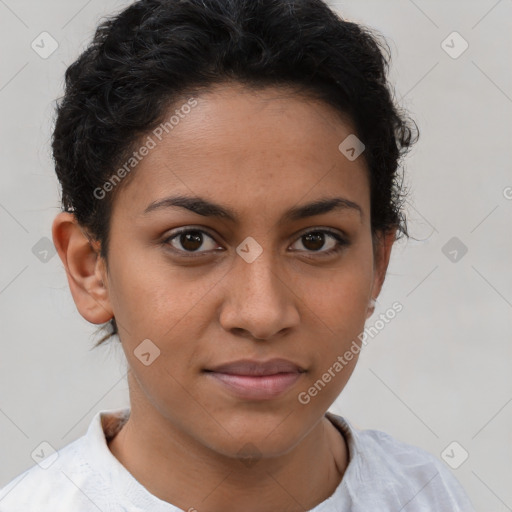 Joyful latino young-adult female with short  brown hair and brown eyes