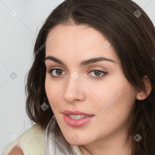 Neutral white young-adult female with medium  brown hair and brown eyes