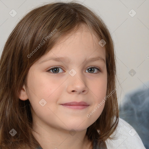 Joyful white child female with medium  brown hair and brown eyes