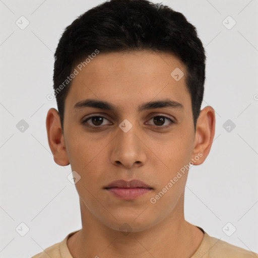 Neutral latino young-adult male with short  black hair and brown eyes