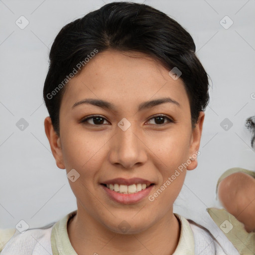 Joyful asian young-adult female with short  brown hair and brown eyes