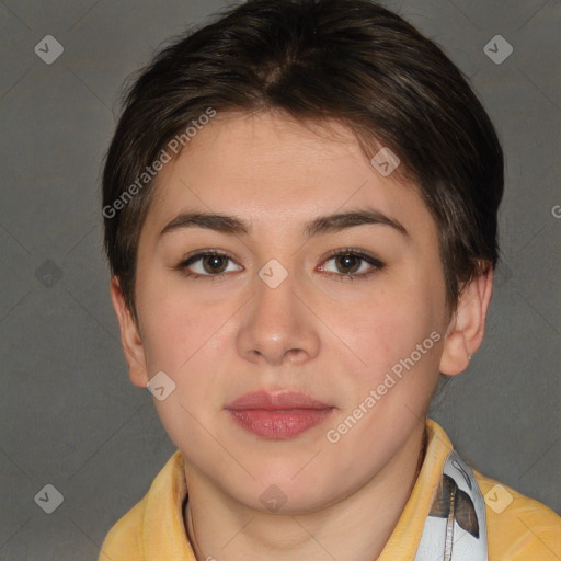 Neutral white young-adult female with short  brown hair and brown eyes