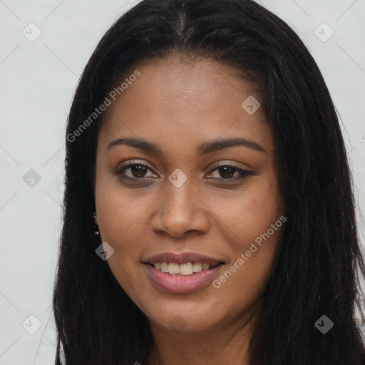 Joyful latino young-adult female with long  brown hair and brown eyes