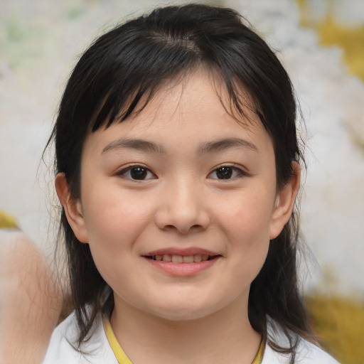 Joyful white child female with medium  brown hair and brown eyes