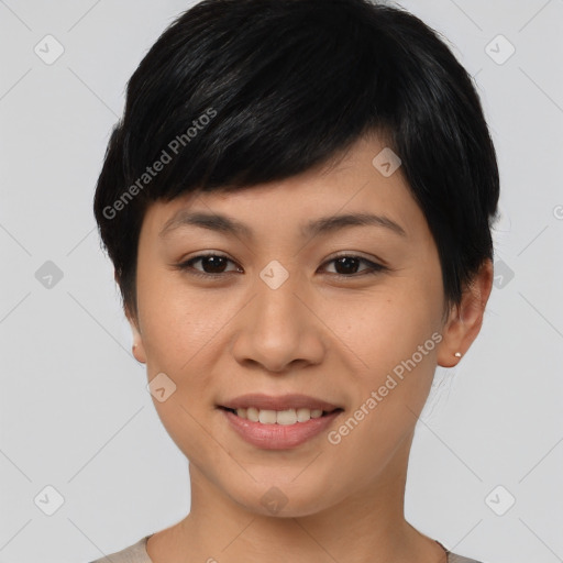 Joyful asian young-adult female with short  black hair and brown eyes