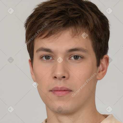 Neutral white young-adult male with short  brown hair and brown eyes