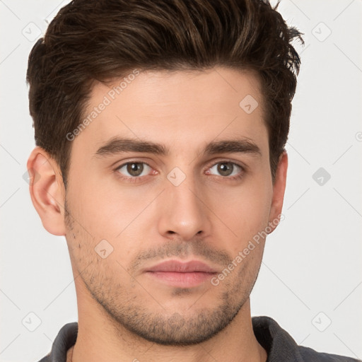 Neutral white young-adult male with short  brown hair and brown eyes