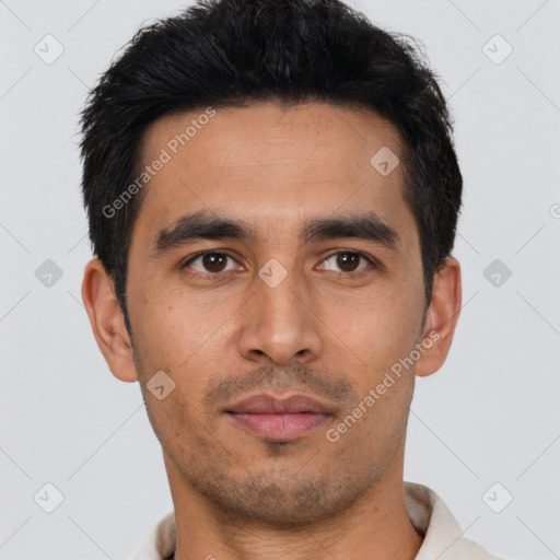 Neutral asian young-adult male with short  black hair and brown eyes