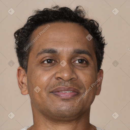 Joyful black adult male with short  brown hair and brown eyes