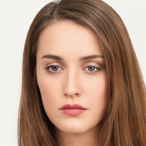 Neutral white young-adult female with long  brown hair and brown eyes