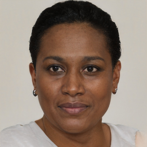 Neutral black young-adult female with short  black hair and brown eyes