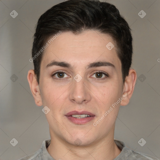 Joyful white young-adult female with short  brown hair and brown eyes