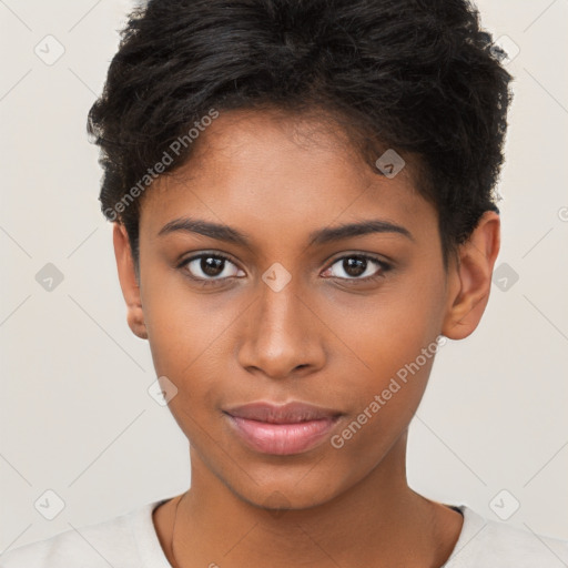 Neutral black young-adult female with short  brown hair and brown eyes