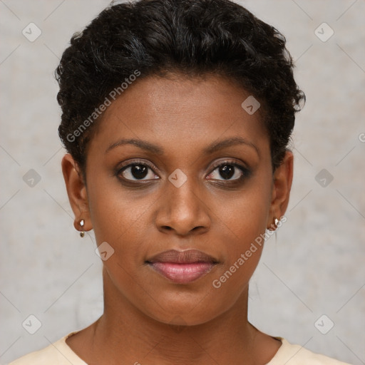 Joyful black young-adult female with short  brown hair and brown eyes