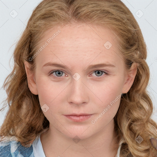 Neutral white young-adult female with medium  brown hair and blue eyes