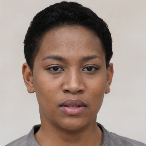 Neutral black young-adult female with short  black hair and brown eyes