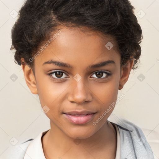 Joyful white child female with short  brown hair and brown eyes