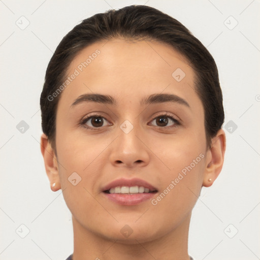 Joyful white young-adult female with short  brown hair and brown eyes