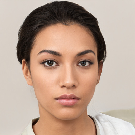 Neutral white young-adult female with short  brown hair and brown eyes