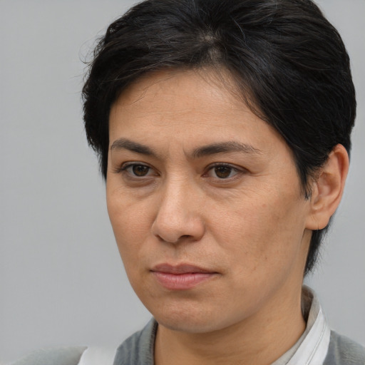Joyful asian adult female with short  brown hair and brown eyes