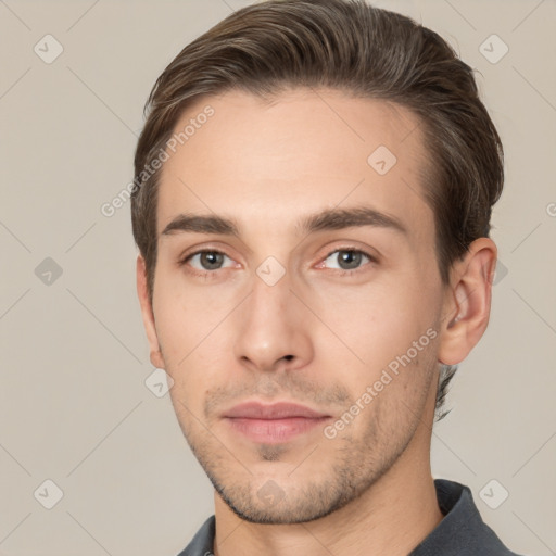 Neutral white young-adult male with short  brown hair and brown eyes