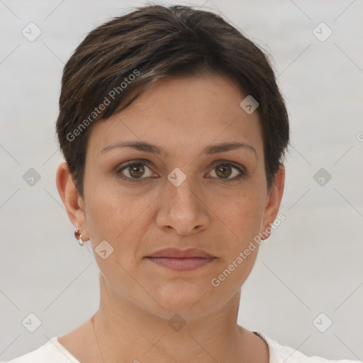 Joyful white young-adult female with short  brown hair and brown eyes